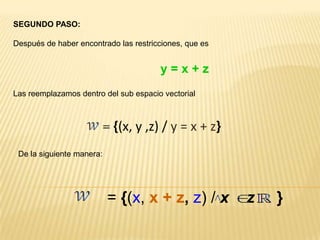 Pasos para Encontrar Un Conjunto Generador dado un W (SeV)Para Encontrar Un Conjunto Generador Dado Un Sub Espacio Vectorial, debemos:Hallar las restricciones.Reemplazar las restriccionesContar el número de variables involucradasDescomponer  en suma de vectoresExtraer los vectores mediante factor comúnEscribir el Conjunto Generador