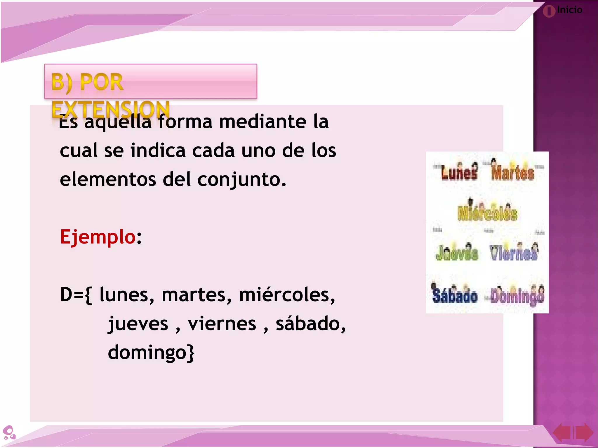 Inicio
Es aquella forma mediante la
cual se indica cada uno de los
elementos del conjunto.
Ejemplo:
D={ lunes, martes, miércoles,
jueves , viernes , sábado,
domingo}
 