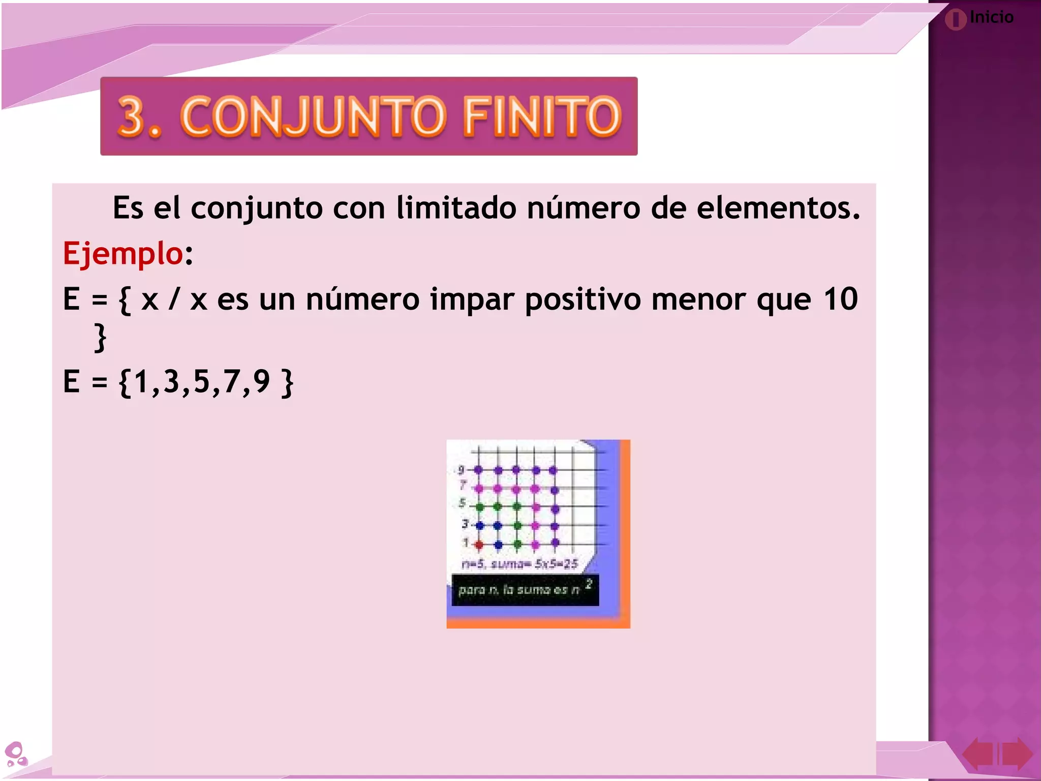 Inicio
Es el conjunto con limitado número de elementos.
Ejemplo:
E = { x / x es un número impar positivo menor que 10
}
E = {1,3,5,7,9 }
 