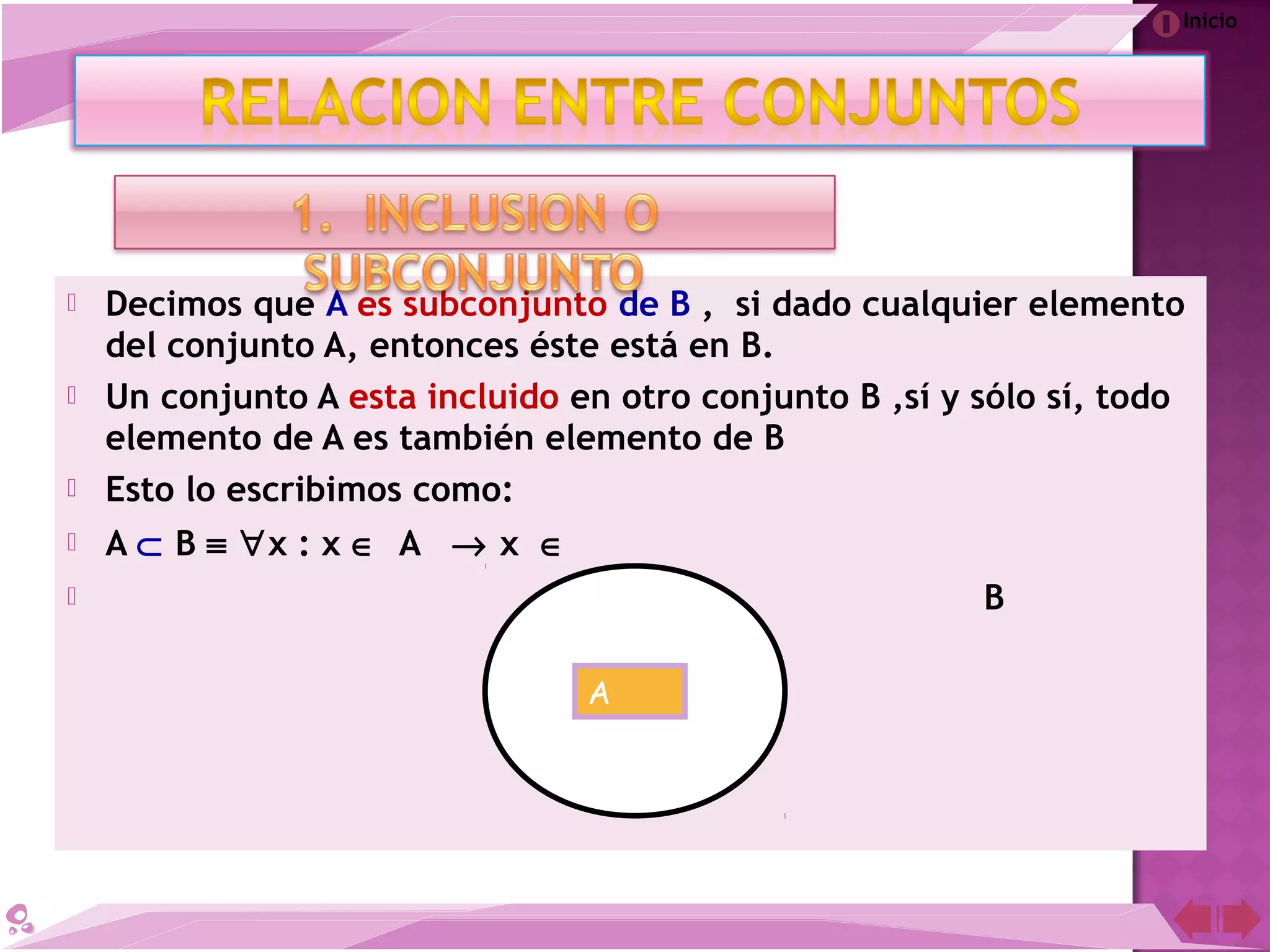 Inicio
 Decimos que A es subconjunto de B , si dado cualquier elemento
del conjunto A, entonces éste está en B.
 Un conjunto A esta incluido en otro conjunto B ,sí y sólo sí, todo
elemento de A es también elemento de B
 Esto lo escribimos como:
 A ⊂ B ≡ ∀x : x ∈ A → x ∈
 B
BA
 