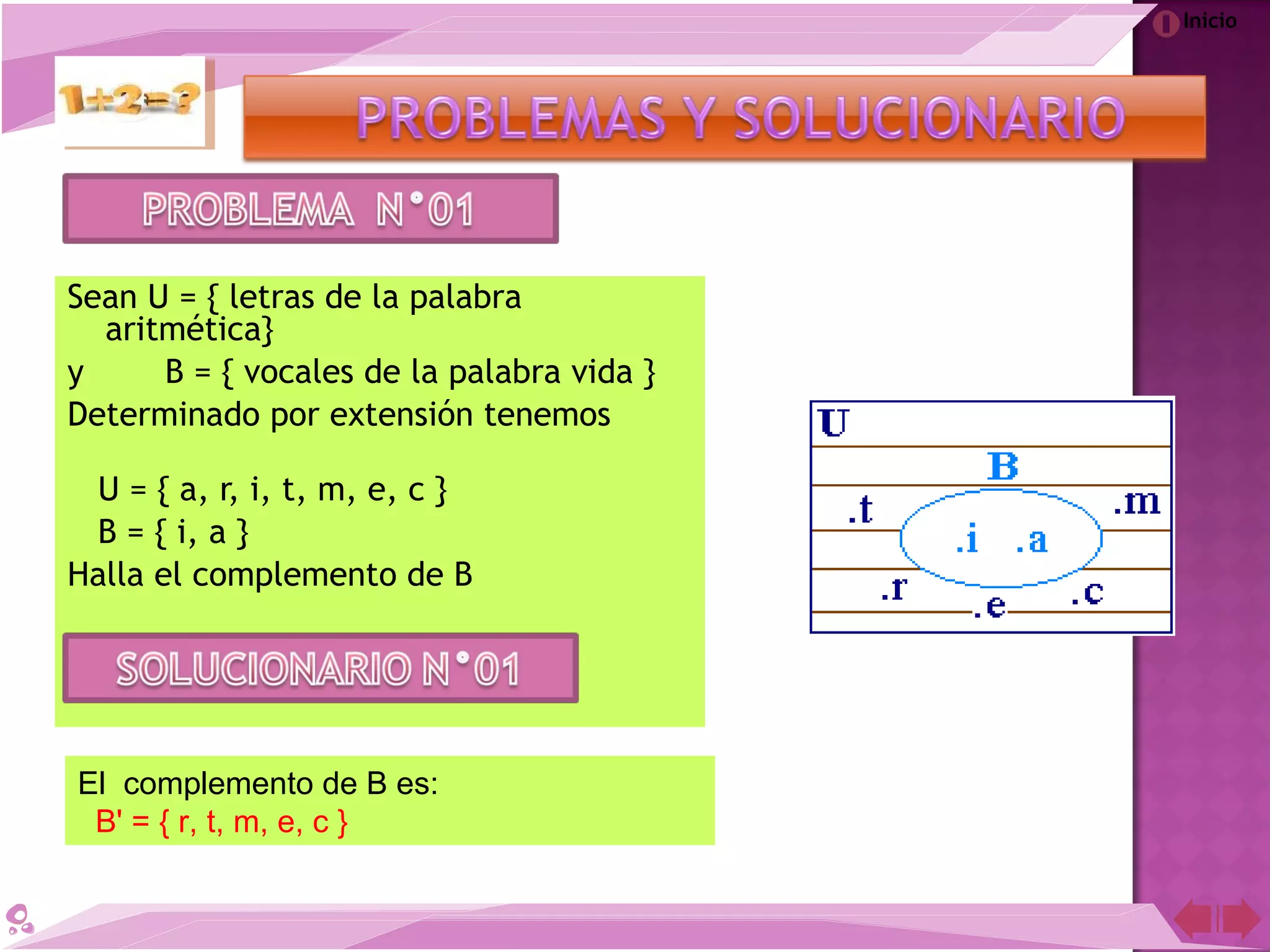 Inicio
Sean U = { letras de la palabra
aritmética}  
y   B = { vocales de la palabra vida }  
Determinado por extensión tenemos      
 
  U = { a, r, i, t, m, e, c }    
  B = { i, a }  
Halla el complemento de B
El complemento de B es:
B' = { r, t, m, e, c }
 