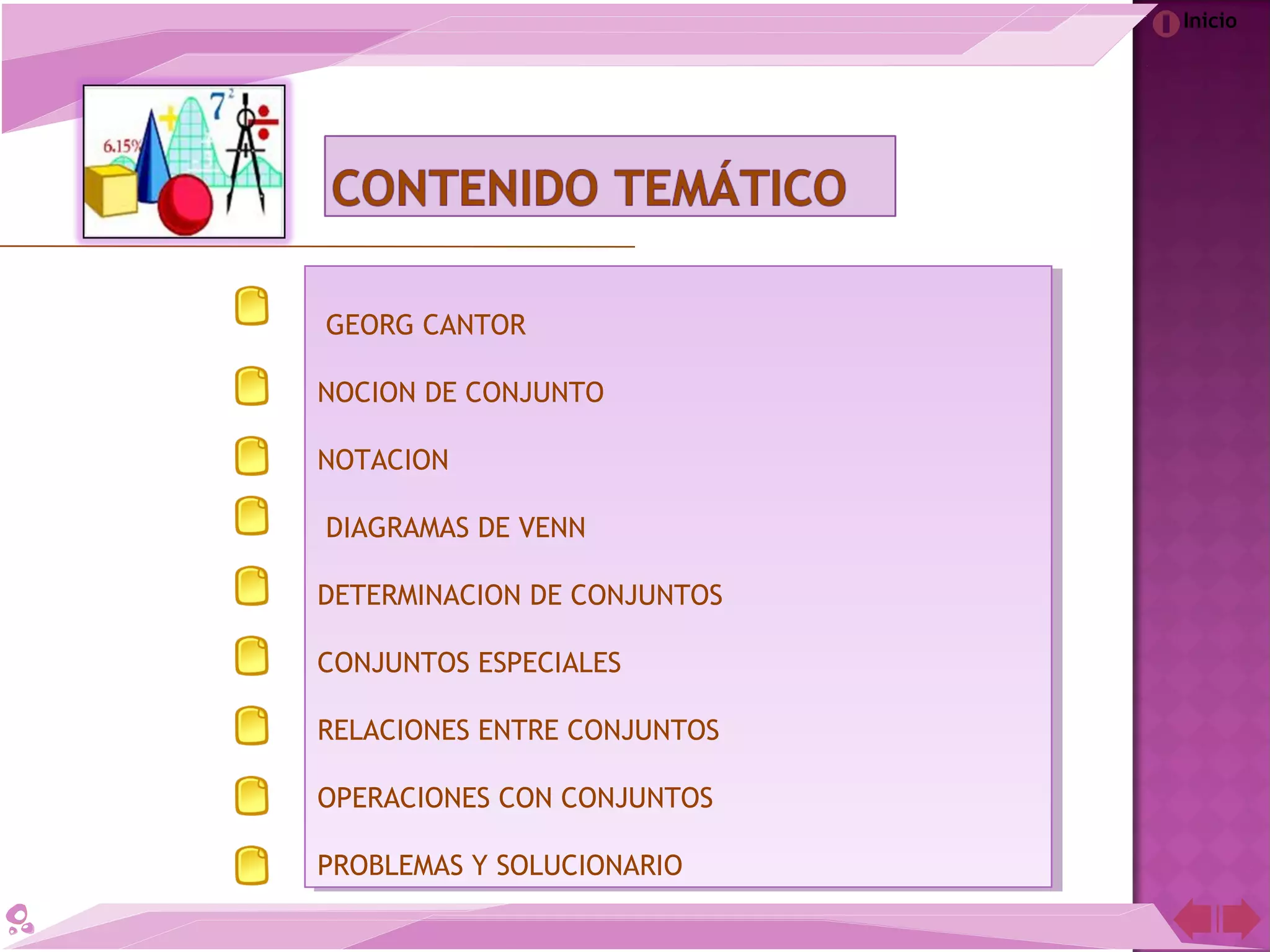 Inicio
GEORG CANTOR
NOCION DE CONJUNTO
NOTACION
DIAGRAMAS DE VENN
DETERMINACION DE CONJUNTOS
CONJUNTOS ESPECIALES
RELACIONES ENTRE CONJUNTOS
OPERACIONES CON CONJUNTOS
PROBLEMAS Y SOLUCIONARIO
GEORG CANTOR
NOCION DE CONJUNTO
NOTACION
DIAGRAMAS DE VENN
DETERMINACION DE CONJUNTOS
CONJUNTOS ESPECIALES
RELACIONES ENTRE CONJUNTOS
OPERACIONES CON CONJUNTOS
PROBLEMAS Y SOLUCIONARIO
 