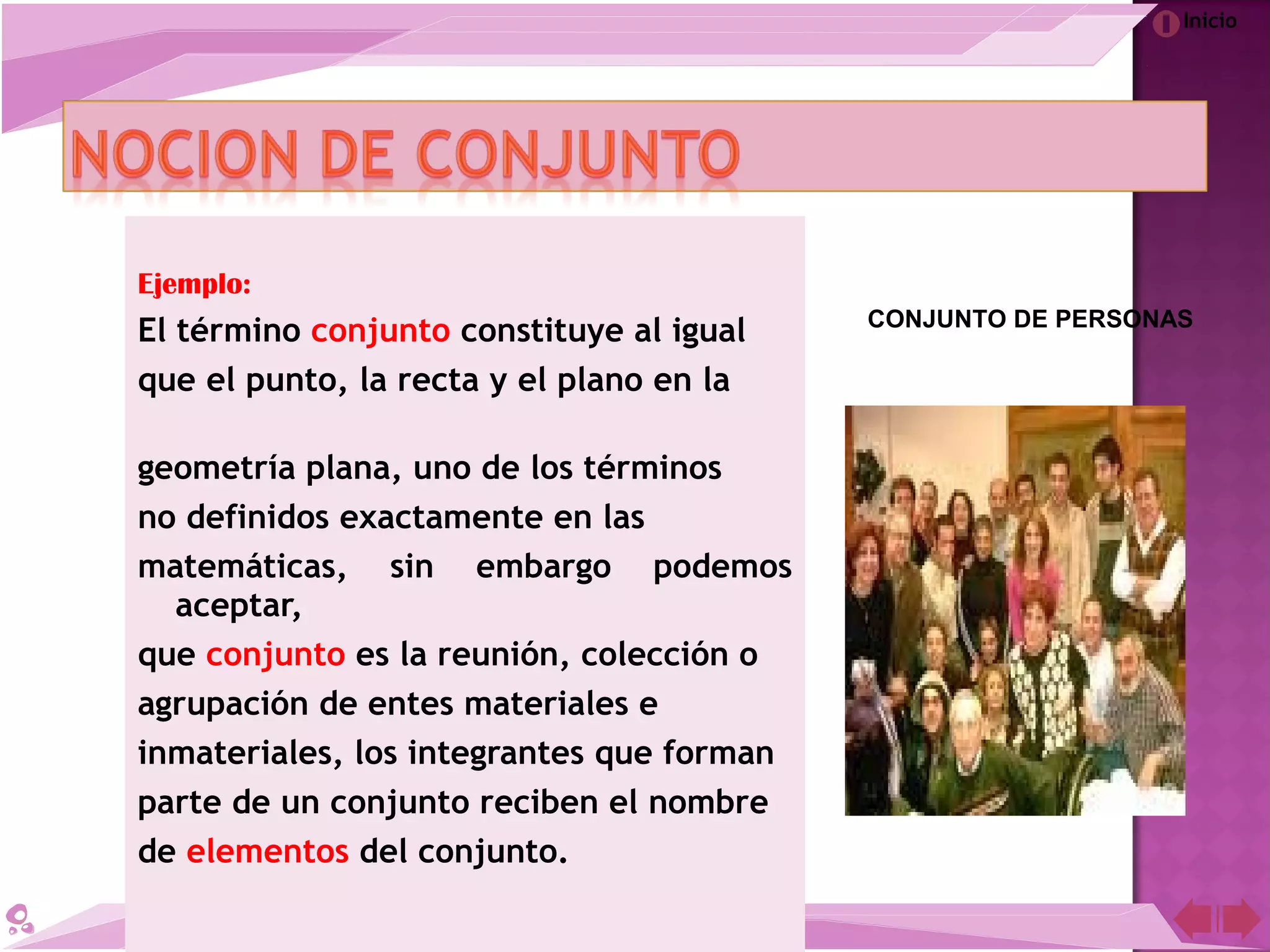 Inicio
Ejemplo:
El término conjunto constituye al igual
que el punto, la recta y el plano en la
geometría plana, uno de los términos
no definidos exactamente en las
matemáticas, sin embargo podemos
aceptar,
que conjunto es la reunión, colección o
agrupación de entes materiales e
inmateriales, los integrantes que forman
parte de un conjunto reciben el nombre
de elementos del conjunto.
CONJUNTO DE PERSONAS
 