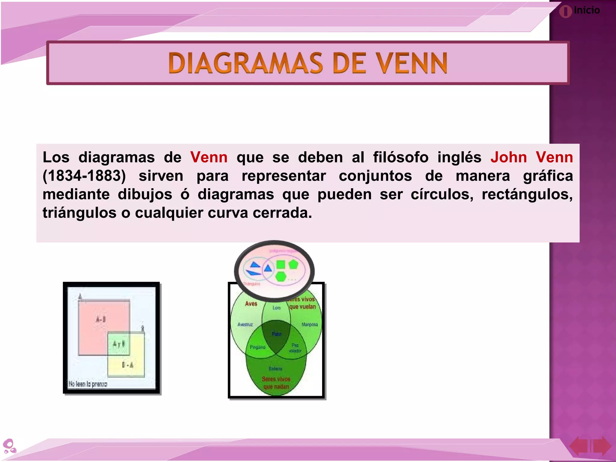 Inicio
Los diagramas de Venn que se deben al filósofo inglés John Venn
(1834-1883) sirven para representar conjuntos de manera gráfica
mediante dibujos ó diagramas que pueden ser círculos, rectángulos,
triángulos o cualquier curva cerrada.
 
