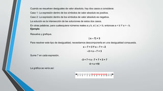 Cuando se resuelven desiguales de valor absoluto, hay dos casos a considerar.
Caso 1: La expresión dentro de los símbolos de valor absoluto es positiva.
Caso 2: La expresión dentro de los símbolos de valor absoluto es negativa.
La solución es la intersección de las soluciones de estos dos casos.
En otras palabras, para cualesquiera números reales a y b, si | a | < b, entonces a < b Y a > - b.
Ejemplo
Resuelva y grafique.
| x – 7| < 3
Para resolver este tipo de desigualdad, necesitamos descomponerla en una desigualdad compuesta.
x – 7 < 3 Y x – 7 > –3
–3 < x – 7 < 3
Sume 7 en cada expresión.
-3 + 7 < x - 7 + 7 < 3 + 7
4 < x <10
La gráfica se vería así:
 