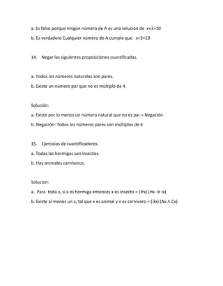 a. Es falso porque ningún número de A es una solución de x+3=10
b. Es verdadero Cualquier número de A cumple que x+3<10
14. Negar las siguientes proposiciones cuantificadas.
a. Todos los números naturales son pares.
b. Existe un número par que no es múltiplo de 4.
Solución:
a. Existe por lo menos un número natural que no es par = Negación
b. Negación: Todos los números pares son múltiplos de 4
15. Ejercicios de cuantificadores.
a. Todas las hormigas son insectos.
b. Hay animales carnívoros.
Solucion:
a. Para toda x, si x es hormiga entonces x es insecto = (∀x) (Hx → Ix)
b. Existe al menos un x, tal que x es animal y x es carnívoro = (∃x) (Ax ∧ Cx).
 