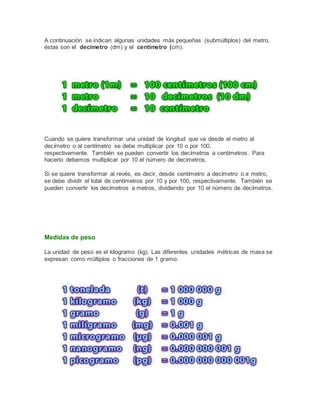 A continuación se indican algunas unidades más pequeñas (submúltiplos) del metro,
éstas son el decímetro (dm) y el centímetro (cm).
Cuando se quiere transformar una unidad de longitud que va desde el metro al
decímetro o al centímetro se debe multiplicar por 10 o por 100,
respectivamente. También se pueden convertir los decímetros a centímetros. Para
hacerlo debemos multiplicar por 10 el número de decímetros.
Si se quiere transformar al revés, es decir, desde centímetro a decímetro o a metro,
se debe dividir el total de centímetros por 10 y por 100, respectivamente. También se
pueden convertir los decímetros a metros, dividiendo por 10 el número de decímetros.
Medidas de peso
La unidad de peso es el kilogramo (kg). Las diferentes unidades métricas de masa se
expresan como múltiplos o fracciones de 1 gramo:
 