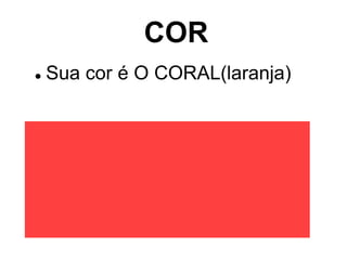 COR 
 Sua cor é O CORAL(laranja) 
 