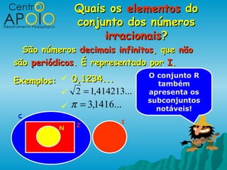 Quais os elementos do
              conjunto dos números
                   irracionais?
  São números decimais infinitos, que não
são periódicos. É representado por I.
                              O conjunto R
Exemplos:  0,1234...           também
           2 = 1,414213...   apresenta os
                              subconjuntos
           π = 3,1416...       notáveis!
 Q
                        I
              Z
          N
 
