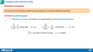 Conjunto dos números reais
Números irracionais
EXEMPLOS (continuação)
Um número diz-se irracional se puder ser representado por uma dízima infinita não periódica.
, e são números racionais, pois podem ser representados por dízimas infinitas periódicas.
3
√8
27
=
2
3
¿0,666 666…¿ 0 ,(6) −
√25
121
=−
5
11
¿− 0,454545…¿ − 0 , (45 )
12
7
¿1,714 285714 285714285…¿ 1 , (714285)
 