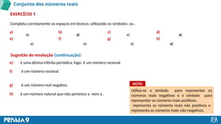 Conjunto dos números reais
Completa corretamente os espaços em branco, utilizando os símbolos ou .
EXERCÍCIO 1
a) b) c) d)
e) f) g) h)
Sugestão de resolução (continuação):
Utiliza-se o símbolo para representar os
números reais negativos e o símbolo para
representar os números reais positivos.
representa os números reais não positivos e
representa os números reais não negativos.
NOTA:
e) é uma dízima infinita periódica, logo é um número racional.
∈
∈
∈
∈
∉
∉
∈
∉
f) é um número racional.
g) é um número real negativo.
h) é um número natural que não pertence a nem a .
 