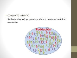 • CONJUNTO INFINITO
• Se denomina así, ya que no podemos nombrar su último
elemento.