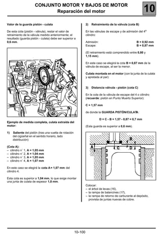 CONJUNTO MOTOR Y BAJOS DE MOTOR
                             Reparación del motor                                                               10
Valor de la guarda pistón - culata                               2)   Retraimiento de la válvula (cota B)

De esta cota (pistón - válvula), restar el valor de              En las válvulas de escape y de admisión del 4o
retraimiento de la válvula medido anteriormente; el              cilindro:
resultado (guarda pistón - culata) debe ser superior a
0,6 mm.                                                          Admisión:                               B = 0,92 mm
                                                                 Escape:                                 B = 0,87 mm

                                                                 (El retraimiento está comprendido entre 0,80 y
                                                                 1,15 mm).

                                                                 En este caso se elegirá la cota B = 0,87 mm de la
                                                                 válvula de escape, al ser la menor.

                                                                 Culata montada en el motor (con la junta de la culata
                                                                 y apretada al par):


                                                                 3)   Distancia válvula - pistón (cota C)

                                                                 En la cola de la válvula de escape del 4 o cilindro
                                                                 (recuerde: pistón en Punto Muerto Superior):

                                                                 C = 1,57 mm

                                                                 de donde la GUARDA PISTÓN/CULATA:
                                                 83367S
                                                                             D = C - B = 1,57 - 0,87 = 0,7 mm
Ejemplo de medida completa, culata extraída del
motor:                                                           (Esta guarda es superior a 0,6 mm).

1)   Saliente del pistón (tras una vuelta de rotación
     del cigüeñal en el sentido horario, lado
     distribución)

(Cota A):
– cilindro n˚ 1, A = 1,05 mm
– cilindro n˚ 2, A = 1,04 mm
– cilindro n˚ 3, A = 1,05 mm
– cilindro n˚ 4, A = 1,07 mm

En este caso se elegirá la cota A = 1,07 mm del
cilindro 4.

Esta cota es superior a 1,04 mm, lo que exige montar
una junta de culata de espesor 1,8 mm.
                                                                 Colocar:
                                                                 – el árbol de levas (16),
                                                                 – la rampa de balancines (17),
                                                                 – la rampa de retorno de carburante al depósito,
                                                                   provista de juntas nuevas de cobre.




                                                        10-100
 