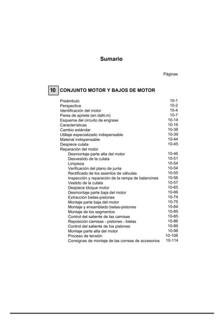 Sumario

                                                             Páginas



10 CONJUNTO MOTOR Y BAJOS DE MOTOR
   Preámbulo                                                    10-1
   Perspectiva                                                  10-2
   Identificación del motor                                     10-4
   Pares de apriete (en daN.m)                                  10-7
   Esquema del circuito de engrase                             10-14
   Características                                             10-16
   Cambio estándar                                             10-38
   Utillaje especializado indispensable                        10-39
   Material indispensable                                      10-44
   Despiece culata                                             10-45
   Reparación del motor
         Desmontaje parte alta del motor                      10-46
         Desvestido de la culata                              10-51
         Limpieza                                             10-54
         Verificación del plano de junta                      10-54
         Rectificado de los asientos de válvulas              10-55
         Inspección y reparación de la rampa de balancines    10-56
         Vestido de la culata                                 10-57
         Despiece bloque motor                                10-65
         Desmontaje parte baja del motor                      10-66
         Extracción bielas-pistones                           10-74
         Montaje parte baja del motor                         10-75
         Montaje y ensamblado bielas-pistones                 10-84
         Montaje de los segmentos                             10-85
         Control del saliente de las camisas                  10-85
         Reposición camisas - pistones - bielas               10-86
         Control del saliente de los pistones                 10-89
         Montaje parte alta del motor                         10-98
         Proceso de tensión                                  10-108
         Consignas de montaje de las correas de accesorios   10-114
 