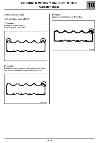 CONJUNTO MOTOR Y BAJOS DE MOTOR
                                Características                                                       10
Junta de tapa de culata                                      3o modelo:
                                                             posicionamiento idéntico al 2o modelo.
Todos los tipos salvo J8S 736

1 er modelo:
Esta junta no es simétrica.
Cara de grafito, lado culata.




                                                                                                      93780R




2 o modelo:
Esta junta posee una zona posicionadora que habrá
que colocar en el lado opuesto de la distribución.




                                            93779-1R




                                                     10-19
 