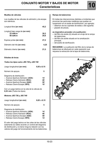 CONJUNTO MOTOR Y BAJOS DE MOTOR
                                Características                                                                  10
Muelles de válvulas                                               Rampa de balancines

Los muelles de las válvulas de admisión y de escape               En todas las intervenciones debidas a incidentes que
son idénticos.                                                    provocan las partículas metálicas que quedan en
                                                                  suspensión en el aceite de lubrificación, por ejemplo:
                                                                  – deterioro de los cojinetes de bielas o del cigüeñal,
Longitud libre (en mm):                            45,2
                                                                  – gripado de piezas,

Longitud bajo carga de (en mm):                                   es imperativo proceder a la sustitución:
      23 daN.m                                     39,3           – del filtro de aceite (A) situado en el eje de la rampa
      60 daN.m                                     29,8             de balancines,
                                                                  – del filtro de aceite situado en la canalización
Espiras juntas (en mm):                            27,2             principal,
                                                                  – del aceite de lubrificación.
Diámetro del hilo (en mm):                          4,25
                                                                  RECUERDE: La sustitución del filtro de la rampa de
Diámetro interior (en mm):                         21,5           balancines se efectuará en cada operación que
                                                                  requiera la extracción de la tapa de balancines.


Árboles de levas

Todos los tipos salvo J8S 736 y J8S 740

Juego longitudinal (en mm):             0,05 a 0,15

Número de apoyos                                    5

Diagrama de distribución:
– Avance Apertura Admisión (AOA)                   14˚
– Retraso Cierre Admisión (RCA)                    46˚
– Avance Apertura Escape (AAE)                     50˚
– Retraso Cierre Escape (RFE)                      10˚

Con un juego teórico en la cola de la válvula de
0,35 mm (Todos los tipos).

Motores J8S 736 y J8S 740

Juego longitudinal (en mm)              0,05 a 0,15

Número de apoyos:                                   5

Diagrama de distribución:
– Avance Apertura Admisión (AOA)                   14˚
– Retraso Cierre Admisión (RCA)                    46˚
– Avance Apertura Escape (AAE)                     58˚
– Retraso Cierre Escape (RFE)                      14˚

El valor del juego teórico en las colas de las válvulas
solamente es válido durante un control del diagrama
de distribución y no tiene ninguna relación con los
valores del juego de funcionamiento de los balancines.




                                                          10-23
 