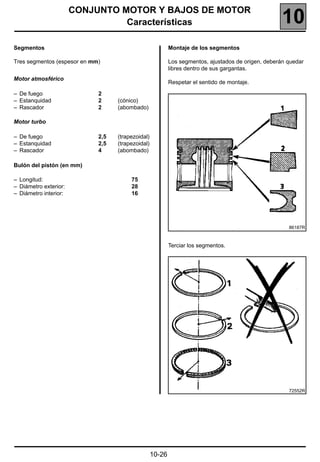 CONJUNTO MOTOR Y BAJOS DE MOTOR
                                 Características                                                     10
Segmentos                                                  Montaje de los segmentos

Tres segmentos (espesor en mm)                             Los segmentos, ajustados de origen, deberán quedar
                                                           libres dentro de sus gargantas.
Motor atmosférico
                                                           Respetar el sentido de montaje.

– De fuego                   2
– Estanquidad                2     (cónico)
– Rascador                   2     (abombado)

Motor turbo

– De fuego                   2,5   (trapezoidal)
– Estanquidad                2,5   (trapezoidal)
– Rascador                   4     (abombado)

Bulón del pistón (en mm)

– Longitud:                             75
– Diámetro exterior:                    28
– Diámetro interior:                    16




                                                                                                       86187R



                                                           Terciar los segmentos.




                                                                                                       72552R




                                                   10-26
 