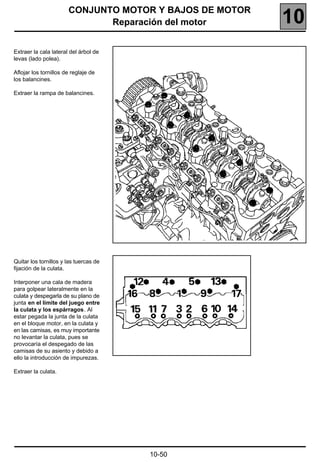 CONJUNTO MOTOR Y BAJOS DE MOTOR
                              Reparación del motor       10
Extraer la cala lateral del árbol de
levas (lado polea).

Aflojar los tornillos de reglaje de
los balancines.

Extraer la rampa de balancines.




Quitar los tornillos y las tuercas de
fijación de la culata.

Interponer una cala de madera
para golpear lateralmente en la
culata y despegarla de su plano de
junta en el límite del juego entre
la culata y los espárragos. Al
estar pegada la junta de la culata
en el bloque motor, en la culata y
en las camisas, es muy importante
no levantar la culata, pues se
provocaría el despegado de las
camisas de su asiento y debido a
ello la introducción de impurezas.

Extraer la culata.




                                        10-50
 