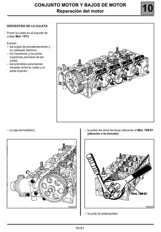 CONJUNTO MOTOR Y BAJOS DE MOTOR
                             Reparación del motor                                              10
DESVESTIDO DE LA CULATA

Poner la culata en el soporte de
culata Mot. 1573.

Extraer:
– las bujías de precalentamiento y
  su cableado eléctrico,
– los inyectores y los porta-
  inyectores provistos de las
  juntas,
– las arandelas para-llamas
  situadas entre la culata y el
  porta-inyector,




– la caja termostática,                           – la polea del árbol de levas utilizando el Mot. 799-01
                                                    (atención a la chaveta),




                                     16534S                                                       16544R


                                                  – la junta de estanquidad.




                                          10-51
 