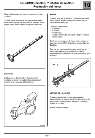 CONJUNTO MOTOR Y BAJOS DE MOTOR
                             Reparación del motor                                                                  10
El eje de balancines se orienta mediante un tornillo               Montaje
con tetón.
                                                                   Colocar, en el eje, el apoyo (E) e inmovilizarlo de tal
Los orificios de engrase de los apoyos del árbol de                forma que los orificios de engrase estén dirigidos
levas están dirigidos hacia el árbol de levas (el aceite           hacia la base del apoyo.
pasa a través de los apoyos del eje de balancines).
                                                                   Colocar a continuación:
                                                                   – un balancín,
                                                                   – un muelle,
                                                                   – otro balancín,
                                                                   – un apoyo intermedio, saliente (F) dirigido hacia el
                                                                     volante motor.

                                                                   Continuar el montaje en el mismo orden, colocar el
                                                                   tapón, provisto del filtro de aceite y apretar al par de
                                                                   2 daN.m.

                                                                   Este par hay que respetarlo puesto que el eje de
                                                                   balancines solamente se mantiene en rotación
                                                                   mediante el tetón del tornillo de posicionamiento en el
                                                                   apoyo (E).




Balancines

Los balancines de admisión y de escape son
idénticos, contienen un surtidor de aceite para el
engrase de las levas del árbol de levas.




                                                                   VESTIDO DE LA CULATA

                                                                   Colocar unas válvulas nuevas y esmerilarlas
                                                                   ligeramente en su asiento respectivo. Limpiar a fondo,
                                                                   a continuación marcar todas las piezas y después
                                                                   realizar el montaje.

                                                                   Aceitar todas las piezas.




                                                  16526R




                                                           10-57
 