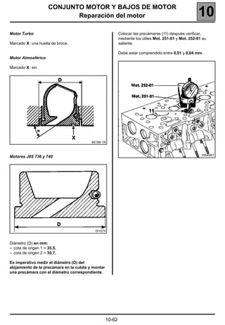 CONJUNTO MOTOR Y BAJOS DE MOTOR
                            Reparación del motor                                                       10
Motor Turbo                                                 Colocar las precámaras (11) después verificar,
                                                            mediante los útiles Mot. 251-01 y Mot. 252-01 su
Marcado X: una huella de broca.                             saliente.

                                                            Debe estar comprendido entre 0,01 y 0,04 mm.
Motor Atmosférico

Marcado X: sin.




                                          86188-1R



Motores J8S 736 y 740                                                                                    16546R1




                                            DI1074


Diámetro (D) en mm:
– cota de origen 1 = 35,5,
– cota de origen 2 = 35,7.

Es imperativo medir el diámetro (D) del
alojamiento de la precámara en la culata y montar
una precámara con el diámetro correspondiente.




                                                    10-62
 
