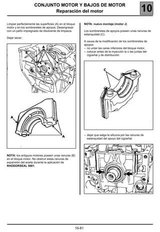 CONJUNTO MOTOR Y BAJOS DE MOTOR
                            Reparación del motor                                                          10
Limpiar perfectamente las superficies (A) en el bloque       NOTA: nuevo montaje (motor J)
motor y en los sombreretes de apoyos. Desengrasar
con un paño impregnado de disolvente de limpieza.            Los sombreretes de apoyos poseen unas ranuras de
                                                             estanquidad (C).
Dejar secar.
                                                             A causa de la modificación de los sombreretes de
                                                             apoyos:
                                                             – no untar las caras inferiores del bloque motor,
                                                             – colocar antes de la inyección la o las juntas del
                                                               cigüeñal y de distribución.




                                                             – dejar que salga la silicona por las ranuras de
                                                               estanquidad del apoyo del cigüeñal.




NOTA: los antiguos motores poseen unas ranuras (B)
en el bloque motor. No obstruir estas ranuras de
expansión del aceite durante la aplicación de
RHODORSEAL 5661.




                                                                                                                96597R




                                                     10-81
 