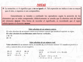  La notación a ≠ b significa que a no es igual a b. Tal expresión no indica si uno es mayor
que el otro, o siquiera si son comparables.
Generalmente se tienden a confundir los operadores según la posición de los
elementos que se están comparando; didácticamente se enseña que la abertura está del lado
del elemento mayor. Otra forma de recordar el significado, es recordando que el signo
señala/apunta al elemento menor.
NOTAS
Valor absoluto de un número entero.
El valor absoluto de un número entero es el número natural que resulta al suprimir su signo.
El valor absoluto lo escribiremos entre barras verticales.
|−5| = 5
|5| = 5
Valor absoluto de un número real.
Valor absoluto de un número real a, se escribe |a|, es el mismo número "a" cuando es positivo o
cero, y opuesto de a, si a es negativo.
|5| = 5 |-5 |= 5 |0| = 0
|x| = 2 x = −2 x = 2
|x|< 2 − 2< x < 2 x
(−2, 2)
|x|> 2 x< −2 ó x>2 (−∞, −2) ∪ (2,
+∞)
|x −2 |< 5 − 5 < x − 2 < 5
− 5 + 2 < x < 5 + 2 − 3 < x < 7
 