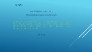  Ejemplos:
Sea el conjunto A={1,2,3,4,5}
Encuentre la potencia y los subconjuntos.
{}, {1}, {2}, {1,2}, {3}, {1,3}, {2,3}, {1,2,3}, {4}, {1,4}, {2,4}, {1,2,4},
{3,4}, {1,3,4}, {2,3,4}, {1,2,3,4}, {5}, {1,5}, {2,5}, {1,2,5}, {3,5},
{1,3,5}, {2,3,5}, {1,2,3,5}, {4,5}, {1,4,5}, {2,4,5}, {1,2,4,5}, {3,4,5},
{1,3,4,5}, {2,3,4,5}, {1,2,3,4,5}
25 = 32
 