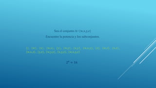 Sea el conjunto A={w,x,y,z}
Encuentre la potencia y los subconjuntos.
{}, {w}, {x}, {w,x}, {y}, {w,y}, {x,y}, {w,x,y}, {z}, {w,z}, {x,z},
{w,x,z}, {y,z}, {w,y,z}, {x,y,z}, {w,x,y,z}
24 = 16
 
