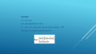 Ejemplo:
A = {m; n; p}
Los subconjuntos de A son:
A = {m}, {n}, {p},{m,n},{m.,p},{n,p},{m,n,p}, { Ø}
Entonces el conjunto potencia de A es:
 