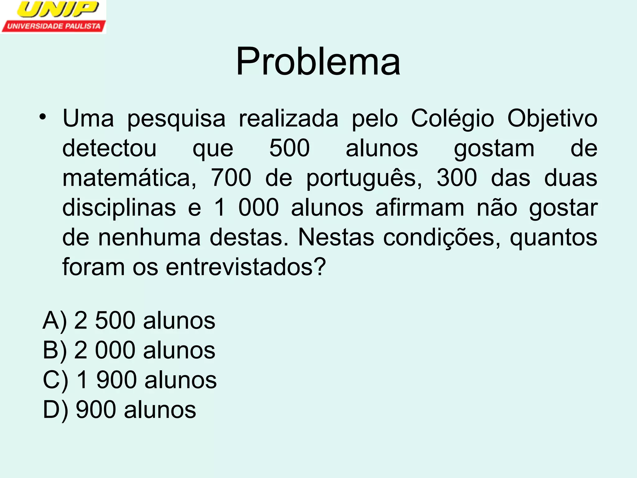Problema 
• Uma pesquisa realizada pelo Colégio Objetivo 
detectou que 500 alunos gostam de 
matemática, 700 de português, 300 das duas 
disciplinas e 1 000 alunos afirmam não gostar 
de nenhuma destas. Nestas condições, quantos 
foram os entrevistados? 
A) 2 500 alunos 
B) 2 000 alunos 
C) 1 900 alunos 
D) 900 alunos 
 