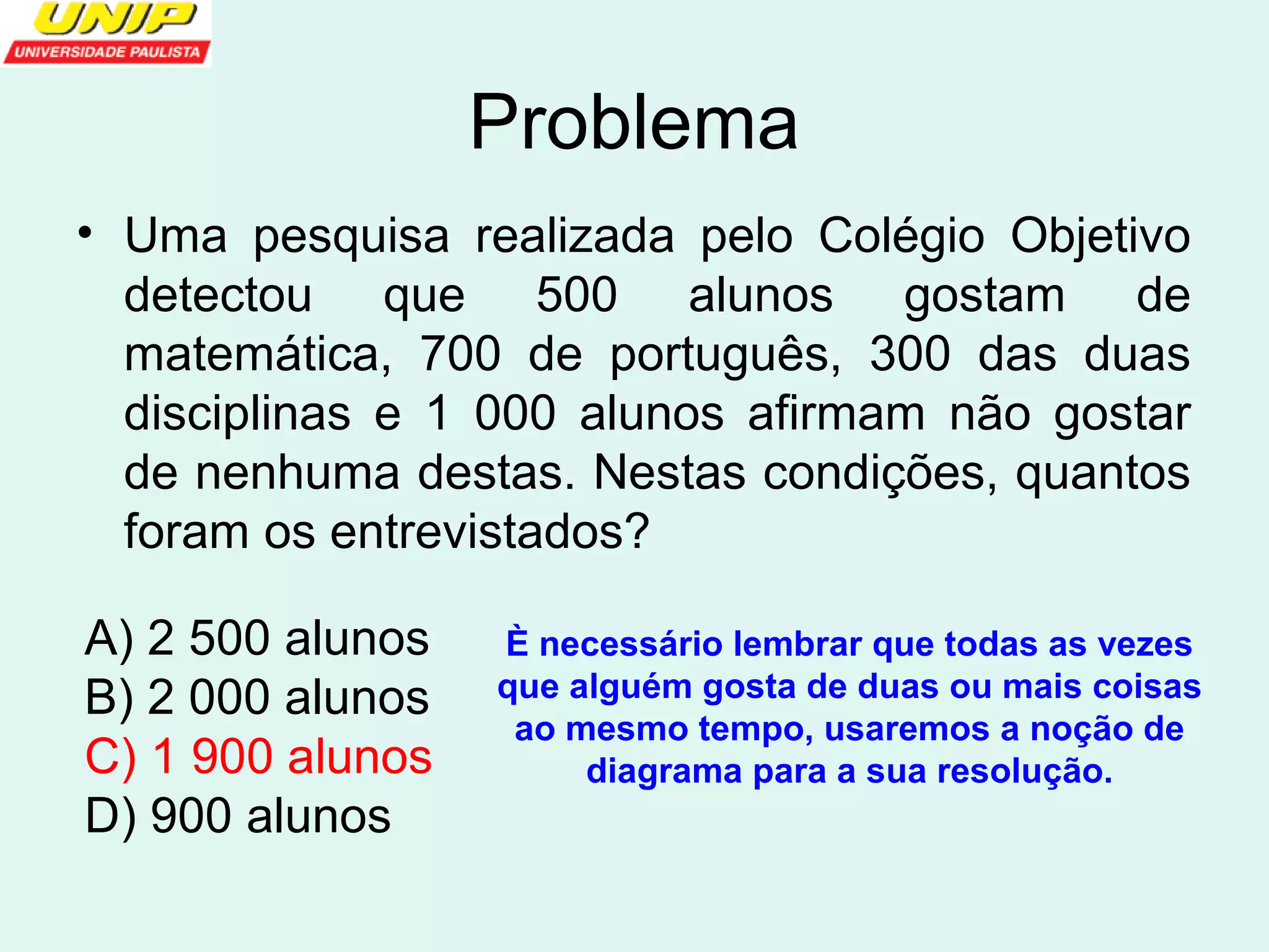 Problema 
• Uma pesquisa realizada pelo Colégio Objetivo 
detectou que 500 alunos gostam de 
matemática, 700 de português, 300 das duas 
disciplinas e 1 000 alunos afirmam não gostar 
de nenhuma destas. Nestas condições, quantos 
foram os entrevistados? 
A) 2 500 alunos 
B) 2 000 alunos 
C) 1 900 alunos 
D) 900 alunos 
È necessário lembrar que todas as vezes 
que alguém gosta de duas ou mais coisas 
ao mesmo tempo, usaremos a noção de 
diagrama para a sua resolução. 
