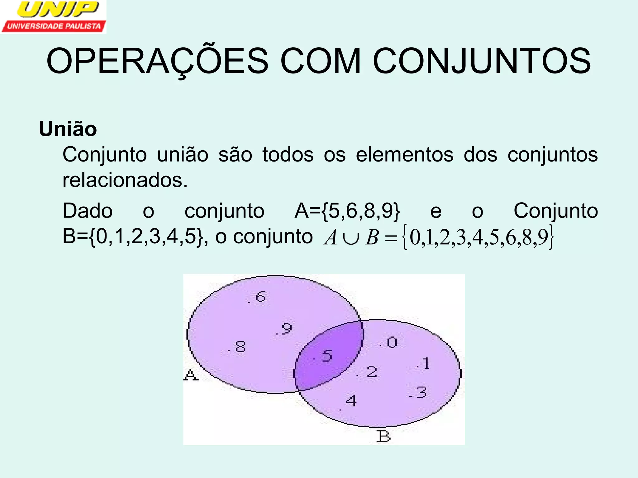 OPERAÇÕES COM CONJUNTOS 
União 
Conjunto união são todos os elementos dos conjuntos 
relacionados. 
Dado o conjunto A={5,6,8,9} e o Conjunto 
B={0,1,2,3,4,5}, o conjunto AÈ B = {0,1,2,3,4,5,6,8,9} 
 