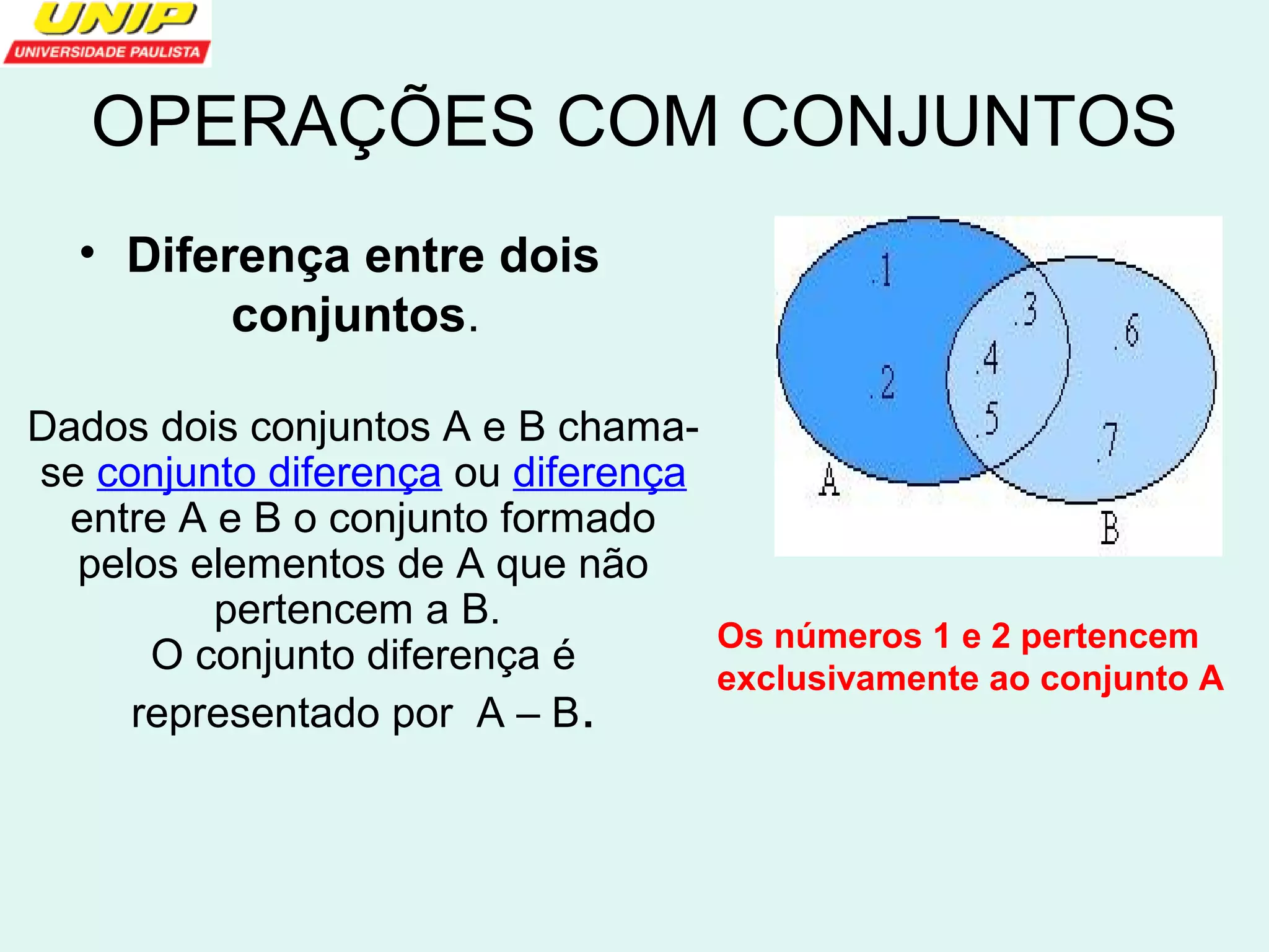 OPERAÇÕES COM CONJUNTOS 
• Diferença entre dois 
conjuntos. 
Dados dois conjuntos A e B chama-se 
conjunto diferença ou diferença 
entre A e B o conjunto formado 
pelos elementos de A que não 
pertencem a B. 
O conjunto diferença é 
representado por A – B. 
Os números 1 e 2 pertencem 
exclusivamente ao conjunto A 
 