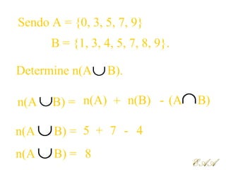 Sendo A = {0, 3, 5, 7, 9}
B = {1, 3, 4, 5, 7, 8, 9}.
n(A B) = ∩
Determine n(A B).∪
n(A B) = 5 + 7 - 4
8
n(A) + n(B) - (A B)
EAAEAA
∪
∪
n(A B) =∪
 