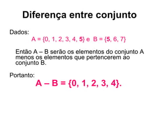 Diferença entre conjunto Dados: A = {0, 1, 2, 3, 4,  5 } e  B = { 5 , 6, 7}   Então A – B serão os elementos do conjunto A menos os elementos que pertencerem ao conjunto B.  Portanto: A – B = {0, 1, 2, 3, 4}.   