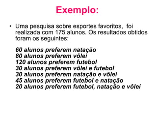 Exemplo:   Uma pesquisa sobre esportes favoritos,  foi realizada com 175 alunos. Os resultados obtidos foram os seguintes:  60 alunos preferem natação  80 alunos preferem vôlei  120 alunos preferem futebol  30 alunos preferem vôlei e futebol  30 alunos preferem natação e vôlei  45 alunos preferem futebol e natação  20 alunos preferem futebol, natação e vôlei   