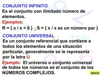 CONJUNTO INFINITO Es el conjunto con ilimitado número de elementos. Ejemplos: R = { x / x < 6 } S = { x / x es un número par } CONJUNTO UNIVERSAL Es un conjunto referencial que contiene a todos los elementos de una situación particular, generalmente se le representa por la letra  U Ejemplo: El universo o conjunto universal ; de todos los números es el conjunto de los NÚMEROS COMPLEJOS. INDICE 