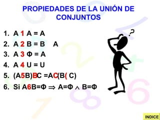 PROPIEDADES DE LA UNIÓN DE CONJUNTOS 1.  A    A = A 2.  A    B = B    A 3.  A     Φ   = A 4.  A    U = U 5.  (A  B)  C =A  (B  C) 6.  Si A  B= Φ     A= Φ     B= Φ INDICE 