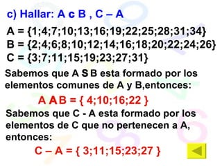 A = {1;4;7;10;13;16;19;22;25;28;31;34}  B = {2;4;6;8;10;12;14;16;18;20;22;24;26} C = {3;7;11;15;19;23;27;31} c) Hallar: A    B , C – A A    B = { 4;10;16;22 } C – A = { 3;11;15;23;27 } Sabemos que A    B esta formado por los elementos comunes de A y B,entonces: Sabemos que C - A esta formado por los elementos de C que no pertenecen a A, entonces: 