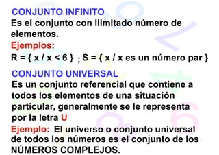 CONJUNTO INFINITO
Es el conjunto con ilimitado número de
elementos.
Ejemplos:
R = { x / x < 6 } ; S = { x / x es un número par }
CONJUNTO UNIVERSAL
Es un conjunto referencial que contiene a
todos los elementos de una situación
particular, generalmente se le representa
por la letra U
Ejemplo: El universo o conjunto universal
de todos los números es el conjunto de los
NÚMEROS COMPLEJOS.
 