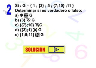 Si : G = { 1 ; {3} ; 5 ; {7;10} ;11 }
Determinar si es verdadero o falso:
a) Φ     G
b) {3}    G
c) {{7};10} G
d) {{3};1}     G
e) {1;5;11}     G


     SOLUCIÓN
 