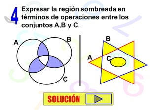 Expresar la región sombreada en
    términos de operaciones entre los
    conjuntos A,B y C.

                 B           B
A

                        A     C


                C


            SOLUCIÓN
 