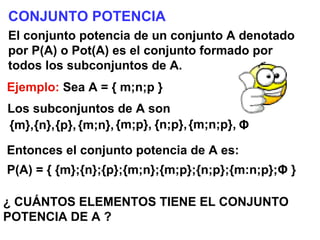 CONJUNTO POTENCIA El conjunto potencia de un conjunto A denotado por P(A) o Pot(A) es el conjunto formado por todos los subconjuntos de A. Ejemplo:   Sea A = { m;n;p } Los subconjuntos de A son {m}, {n}, {p}, {m;n}, {n;p}, {m;p}, {m;n;p}, Φ Entonces el conjunto potencia de A es: P(A) = { {m};{n};{p};{m;n};{m;p};{n;p};{m:n;p}; Φ  } ¿ CUÁNTOS ELEMENTOS TIENE EL CONJUNTO POTENCIA DE A ? 