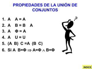 PROPIEDADES DE LA UNIÓN DE CONJUNTOS 1.  A    A = A 2.  A    B = B    A 3.  A     Φ   = A 4.  A    U = U 5.  (A  B)  C =A  (B  C) 6.  Si A  B= Φ     A= Φ     B= Φ INDICE 