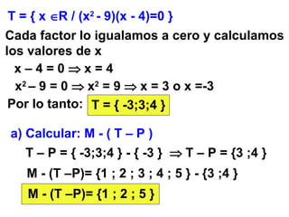 T = { x   R / (x 2  - 9)(x - 4)=0 } Cada factor lo igualamos a cero y calculamos los valores de x x – 4 = 0    x = 4 x 2  – 9 = 0    x 2  = 9    x = 3 o x =-3 Por lo tanto: T = { -3;3;4 } a) Calcular: M - ( T – P ) T – P   =   { -3;3;4 } - { -3 }      T – P   = {3 ;4 } M - (T –P)= {1 ; 2 ; 3 ; 4 ; 5 } - {3 ;4 } M - (T –P)= {1 ; 2 ; 5 } 