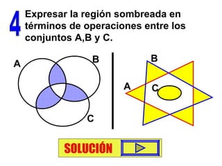 4 Expresar la región sombreada en términos de operaciones entre los conjuntos A,B y C. SOLUCIÓN A B C A B C 