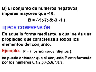 B) El conjunto de números negativos impares mayores que -10. B = {-9;-7;-5;-3;-1 } II) POR COMPRENSIÓN Es aquella forma mediante la cual se da una propiedad que caracteriza a todos los elementos del conjunto. Ejemplo: se puede entender que el conjunto P esta formado por los números 0,1,2,3,4,5,6,7,8,9. P = { los números  dígitos } 