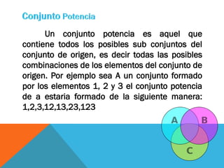 Un conjunto potencia es aquel que
contiene todos los posibles sub conjuntos del
conjunto de origen, es decir todas las posibles
combinaciones de los elementos del conjunto de
origen. Por ejemplo sea A un conjunto formado
por los elementos 1, 2 y 3 el conjunto potencia
de a estaria formado de la siguiente manera:
1,2,3,12,13,23,123
 