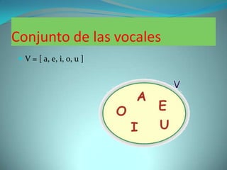 Conjunto de las vocales
 V = [ a, e, i, o, u ]
 